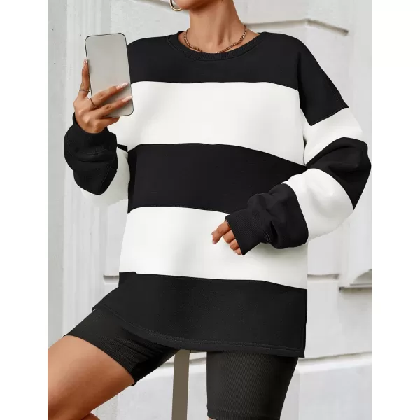 ZESICA Womens Fall Sweatshirt Tops Crewneck Long Sleeve Loose Oversized Striped Fleece Pullover 2024 ClothesBlack