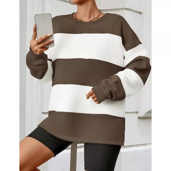 ZESICA Womens Fall Sweatshirt Tops Crewneck Long Sleeve Loose Oversized Striped Fleece Pullover 2024 ClothesBrown