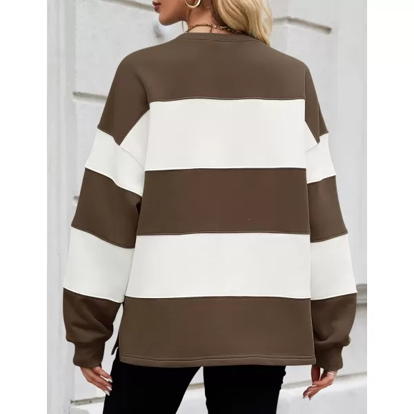 ZESICA Womens Fall Sweatshirt Tops Crewneck Long Sleeve Loose Oversized Striped Fleece Pullover 2024 ClothesBrown