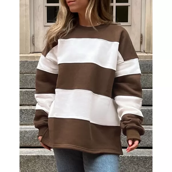 ZESICA Womens Fall Sweatshirt Tops Crewneck Long Sleeve Loose Oversized Striped Fleece Pullover 2024 ClothesBrown