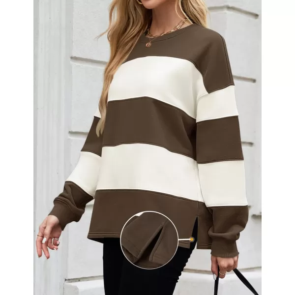ZESICA Womens Fall Sweatshirt Tops Crewneck Long Sleeve Loose Oversized Striped Fleece Pullover 2024 ClothesBrown