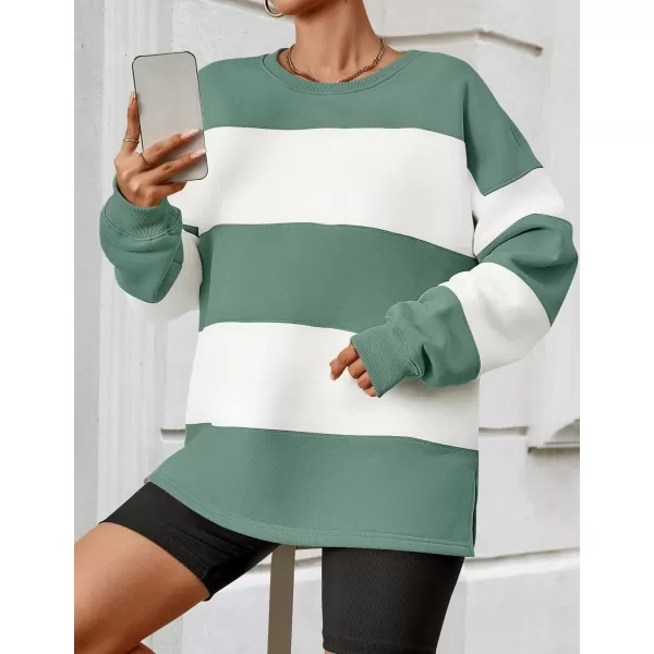 ZESICA Womens Fall Sweatshirt Tops Crewneck Long Sleeve Loose Oversized Striped Fleece Pullover 2024 ClothesGreen