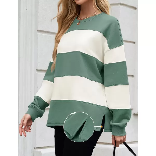 ZESICA Womens Fall Sweatshirt Tops Crewneck Long Sleeve Loose Oversized Striped Fleece Pullover 2024 ClothesGreen