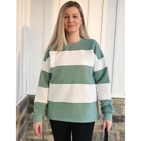 ZESICA Womens Fall Sweatshirt Tops Crewneck Long Sleeve Loose Oversized Striped Fleece Pullover 2024 ClothesGreen