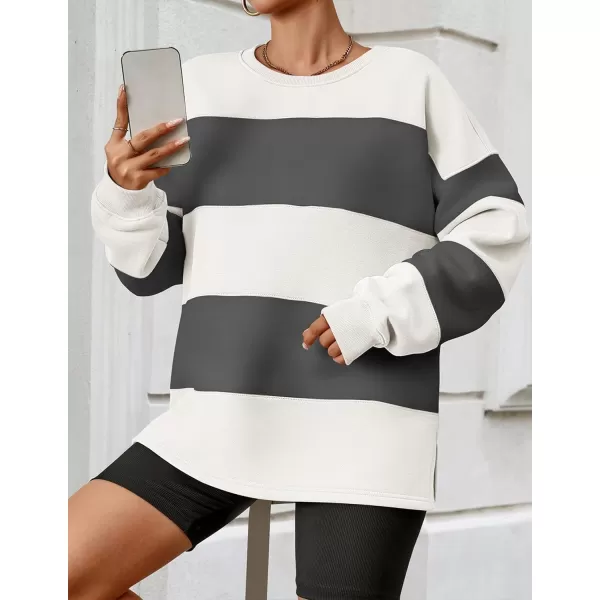 ZESICA Womens Fall Sweatshirt Tops Crewneck Long Sleeve Loose Oversized Striped Fleece Pullover 2024 ClothesGrey