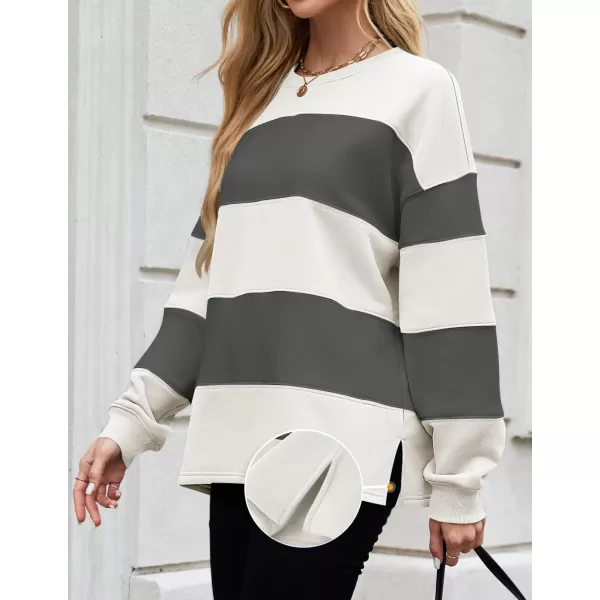 ZESICA Womens Fall Sweatshirt Tops Crewneck Long Sleeve Loose Oversized Striped Fleece Pullover 2024 ClothesGrey