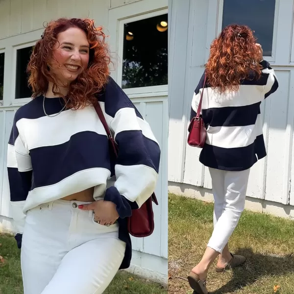 ZESICA Womens Fall Sweatshirt Tops Crewneck Long Sleeve Loose Oversized Striped Fleece Pullover 2024 ClothesNavy