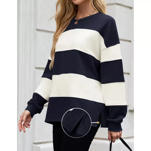 ZESICA Womens Fall Sweatshirt Tops Crewneck Long Sleeve Loose Oversized Striped Fleece Pullover 2024 ClothesNavy