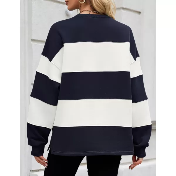 ZESICA Womens Fall Sweatshirt Tops Crewneck Long Sleeve Loose Oversized Striped Fleece Pullover 2024 ClothesNavy