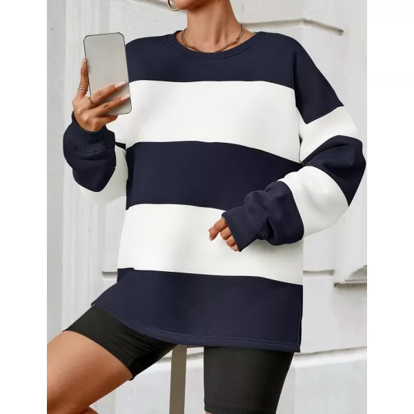 ZESICA Womens Fall Sweatshirt Tops Crewneck Long Sleeve Loose Oversized Striped Fleece Pullover 2024 ClothesNavy