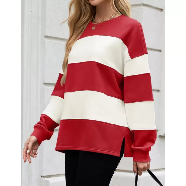 ZESICA Womens Fall Sweatshirt Tops Crewneck Long Sleeve Loose Oversized Striped Fleece Pullover 2024 ClothesRed
