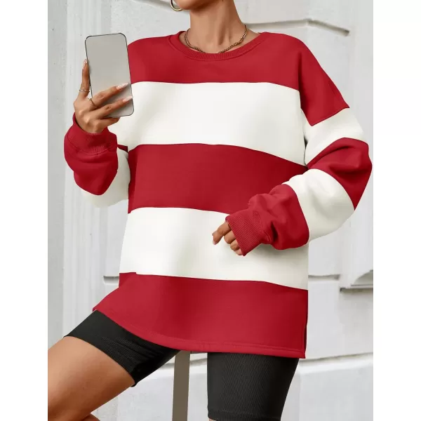 ZESICA Womens Fall Sweatshirt Tops Crewneck Long Sleeve Loose Oversized Striped Fleece Pullover 2024 ClothesRed