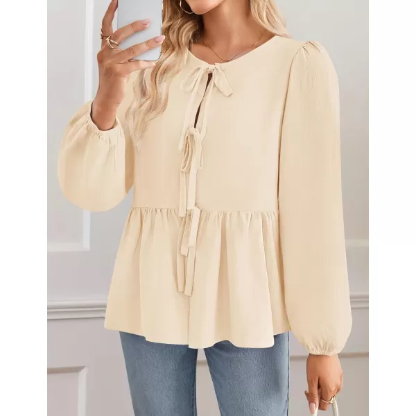 ZESICA Womens Tops Tie Front Long Puff Sleeve Button Peplum Babydoll Cute Shirts 2024 Fall Fashion BlousesApricot