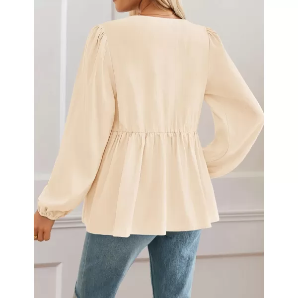 ZESICA Womens Tops Tie Front Long Puff Sleeve Button Peplum Babydoll Cute Shirts 2024 Fall Fashion BlousesApricot