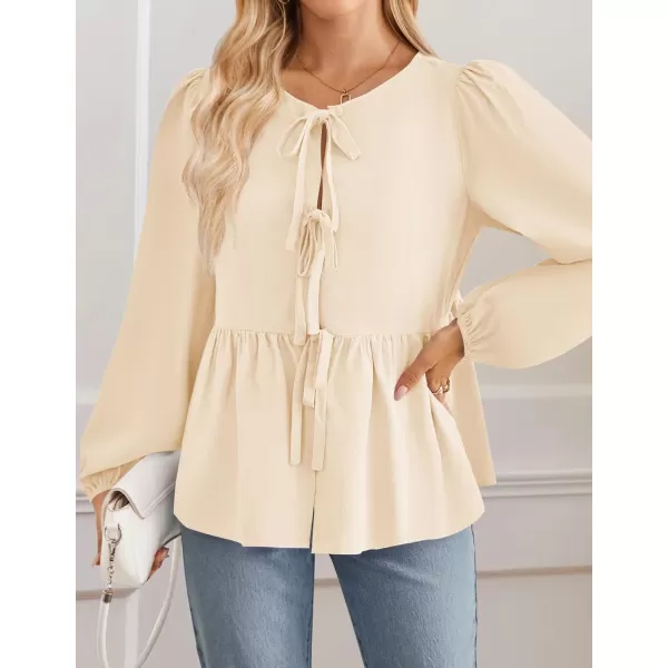 ZESICA Womens Tops Tie Front Long Puff Sleeve Button Peplum Babydoll Cute Shirts 2024 Fall Fashion BlousesApricot