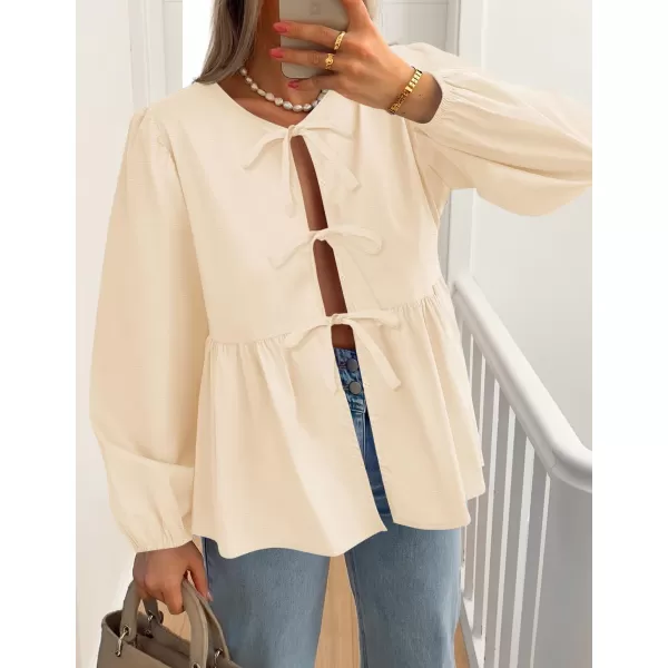 ZESICA Womens Tops Tie Front Long Puff Sleeve Button Peplum Babydoll Cute Shirts 2024 Fall Fashion BlousesApricot