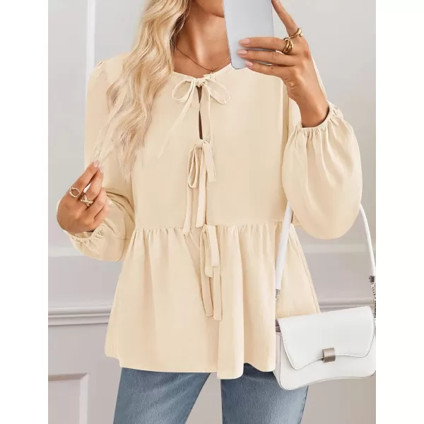 ZESICA Womens Tops Tie Front Long Puff Sleeve Button Peplum Babydoll Cute Shirts 2024 Fall Fashion BlousesApricot