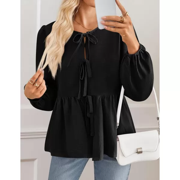 ZESICA Womens Tops Tie Front Long Puff Sleeve Button Peplum Babydoll Cute Shirts 2024 Fall Fashion BlousesBlack