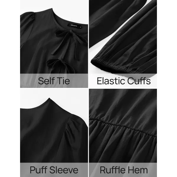 ZESICA Womens Tops Tie Front Long Puff Sleeve Button Peplum Babydoll Cute Shirts 2024 Fall Fashion BlousesBlack