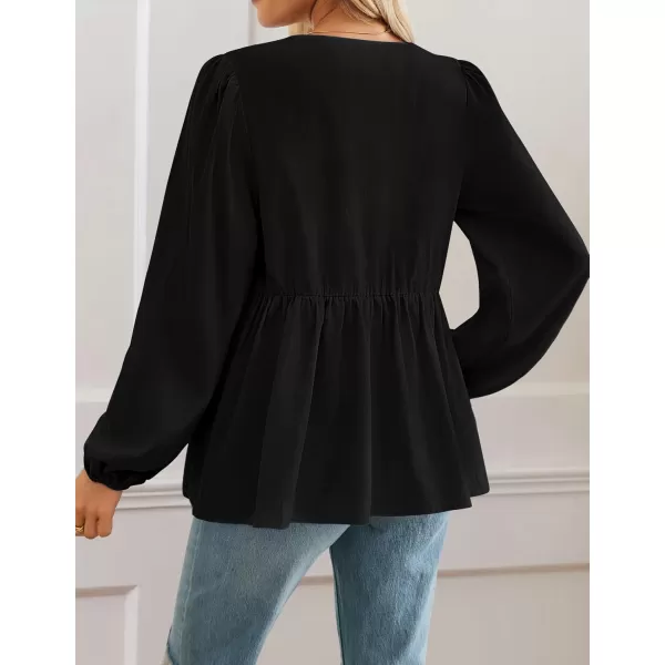 ZESICA Womens Tops Tie Front Long Puff Sleeve Button Peplum Babydoll Cute Shirts 2024 Fall Fashion BlousesBlack