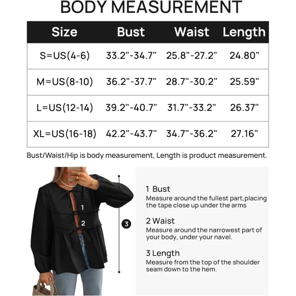 ZESICA Womens Tops Tie Front Long Puff Sleeve Button Peplum Babydoll Cute Shirts 2024 Fall Fashion BlousesBlack