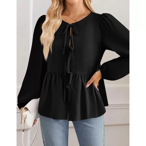 ZESICA Womens Tops Tie Front Long Puff Sleeve Button Peplum Babydoll Cute Shirts 2024 Fall Fashion BlousesBlack