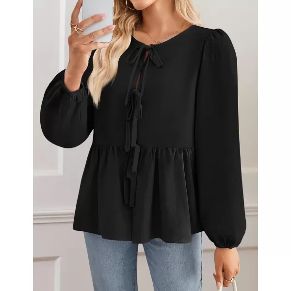 ZESICA Womens Tops Tie Front Long Puff Sleeve Button Peplum Babydoll Cute Shirts 2024 Fall Fashion BlousesBlack