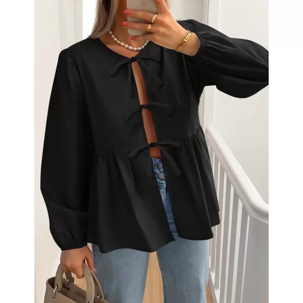 ZESICA Womens Tops Tie Front Long Puff Sleeve Button Peplum Babydoll Cute Shirts 2024 Fall Fashion BlousesBlack