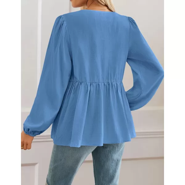 ZESICA Womens Tops Tie Front Long Puff Sleeve Button Peplum Babydoll Cute Shirts 2024 Fall Fashion BlousesBlue