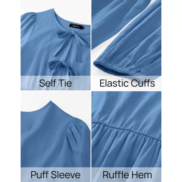 ZESICA Womens Tops Tie Front Long Puff Sleeve Button Peplum Babydoll Cute Shirts 2024 Fall Fashion BlousesBlue