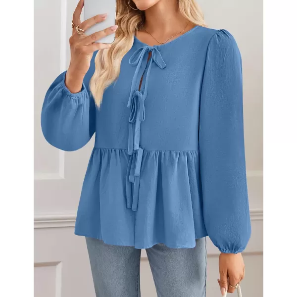 ZESICA Womens Tops Tie Front Long Puff Sleeve Button Peplum Babydoll Cute Shirts 2024 Fall Fashion BlousesBlue