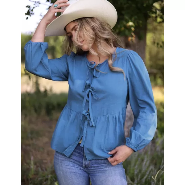 ZESICA Womens Tops Tie Front Long Puff Sleeve Button Peplum Babydoll Cute Shirts 2024 Fall Fashion BlousesBlue