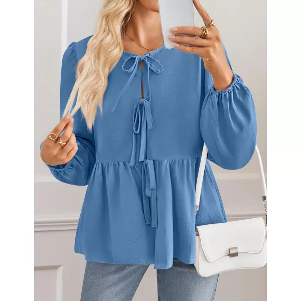ZESICA Womens Tops Tie Front Long Puff Sleeve Button Peplum Babydoll Cute Shirts 2024 Fall Fashion BlousesBlue