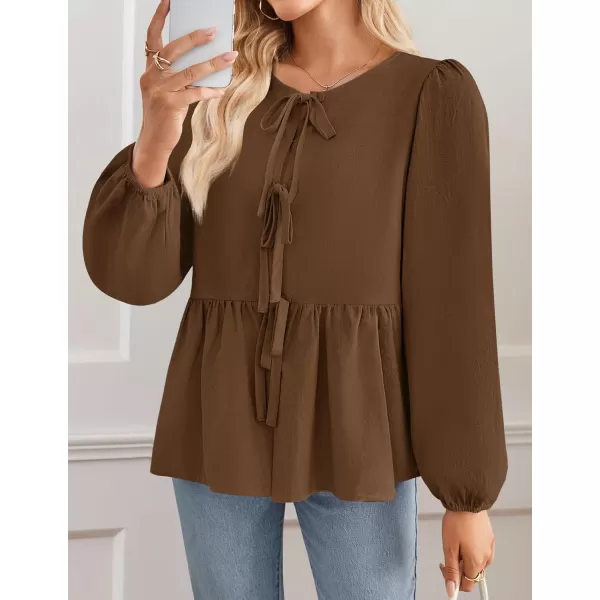 ZESICA Womens Tops Tie Front Long Puff Sleeve Button Peplum Babydoll Cute Shirts 2024 Fall Fashion BlousesBrown