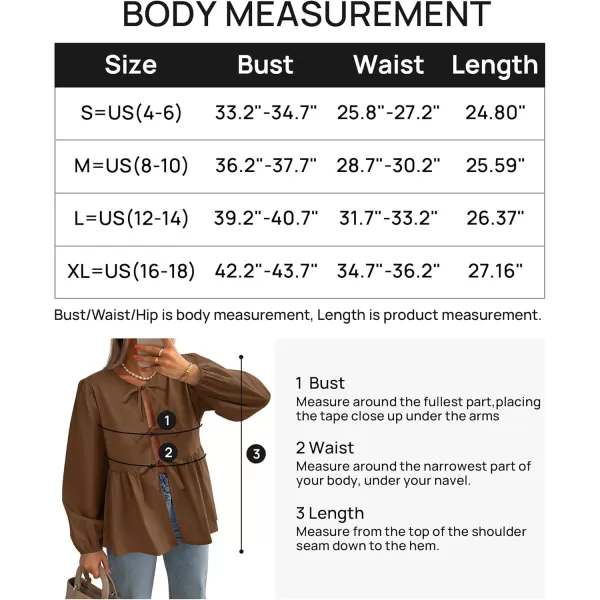 ZESICA Womens Tops Tie Front Long Puff Sleeve Button Peplum Babydoll Cute Shirts 2024 Fall Fashion BlousesBrown