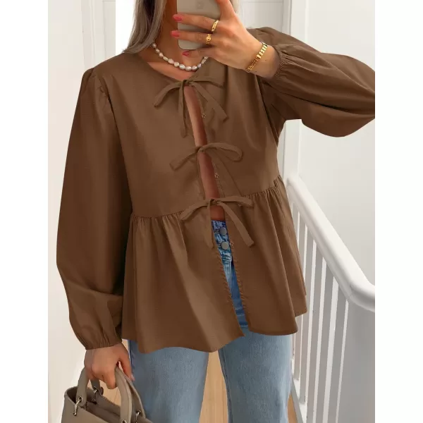 ZESICA Womens Tops Tie Front Long Puff Sleeve Button Peplum Babydoll Cute Shirts 2024 Fall Fashion BlousesBrown