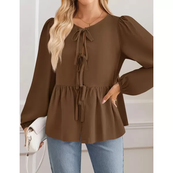 ZESICA Womens Tops Tie Front Long Puff Sleeve Button Peplum Babydoll Cute Shirts 2024 Fall Fashion BlousesBrown