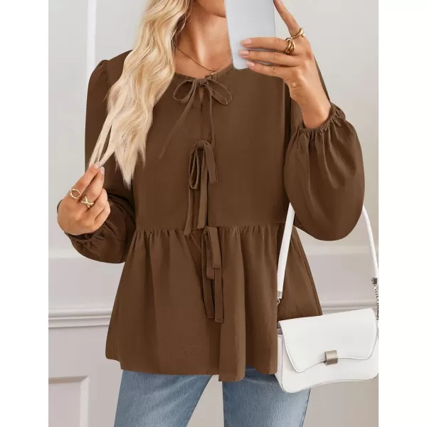 ZESICA Womens Tops Tie Front Long Puff Sleeve Button Peplum Babydoll Cute Shirts 2024 Fall Fashion BlousesBrown