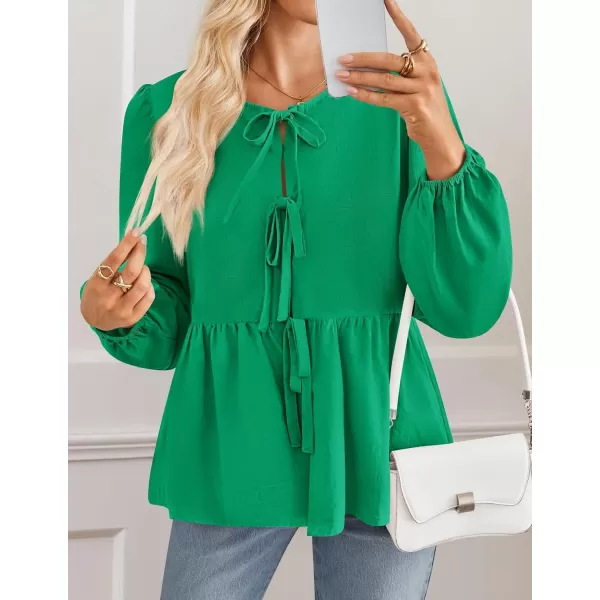 ZESICA Womens Tops Tie Front Long Puff Sleeve Button Peplum Babydoll Cute Shirts 2024 Fall Fashion BlousesGreen