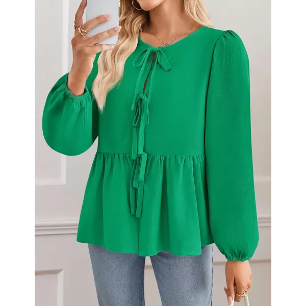 ZESICA Womens Tops Tie Front Long Puff Sleeve Button Peplum Babydoll Cute Shirts 2024 Fall Fashion BlousesGreen