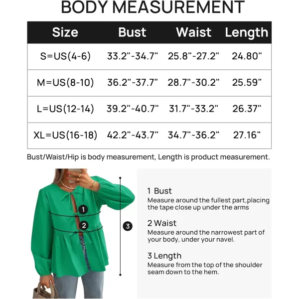 ZESICA Womens Tops Tie Front Long Puff Sleeve Button Peplum Babydoll Cute Shirts 2024 Fall Fashion BlousesGreen