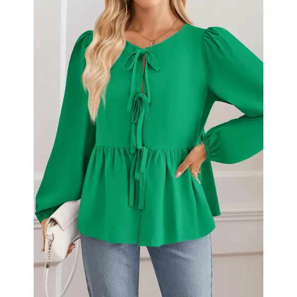 ZESICA Womens Tops Tie Front Long Puff Sleeve Button Peplum Babydoll Cute Shirts 2024 Fall Fashion BlousesGreen
