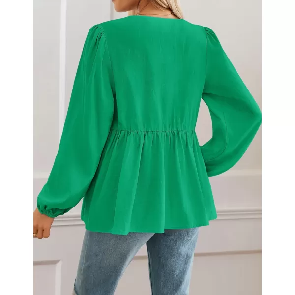 ZESICA Womens Tops Tie Front Long Puff Sleeve Button Peplum Babydoll Cute Shirts 2024 Fall Fashion BlousesGreen