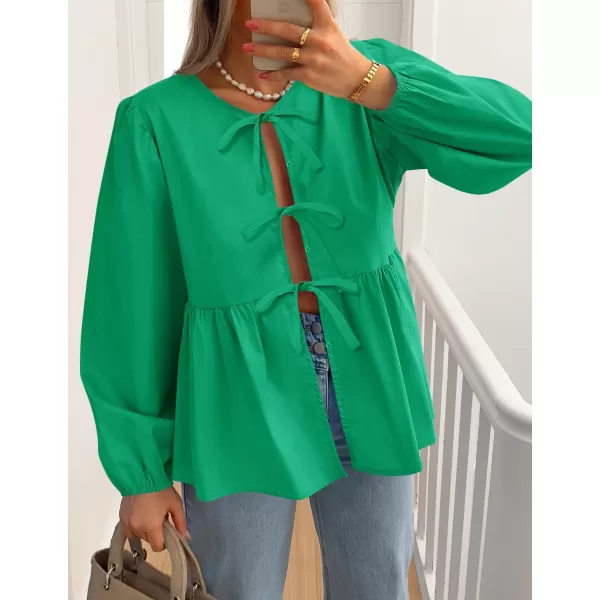 ZESICA Womens Tops Tie Front Long Puff Sleeve Button Peplum Babydoll Cute Shirts 2024 Fall Fashion BlousesGreen