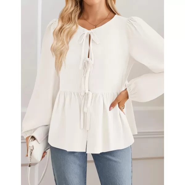 ZESICA Womens Tops Tie Front Long Puff Sleeve Button Peplum Babydoll Cute Shirts 2024 Fall Fashion BlousesIvory