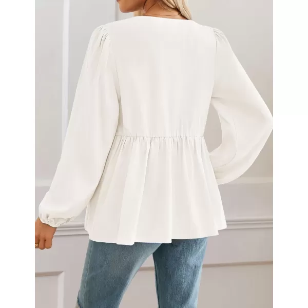ZESICA Womens Tops Tie Front Long Puff Sleeve Button Peplum Babydoll Cute Shirts 2024 Fall Fashion BlousesIvory