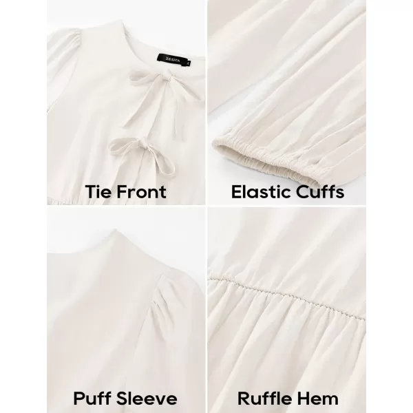 ZESICA Womens Tops Tie Front Long Puff Sleeve Button Peplum Babydoll Cute Shirts 2024 Fall Fashion BlousesIvory