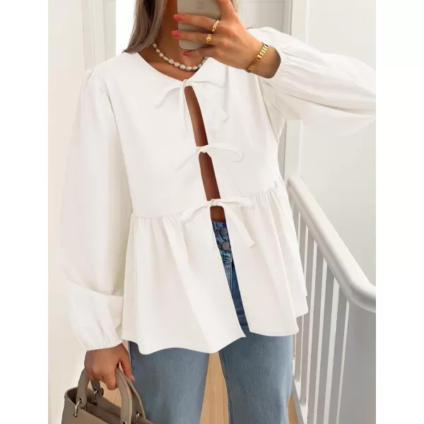 ZESICA Womens Tops Tie Front Long Puff Sleeve Button Peplum Babydoll Cute Shirts 2024 Fall Fashion BlousesIvory