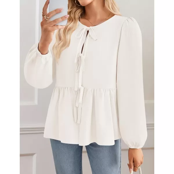 ZESICA Womens Tops Tie Front Long Puff Sleeve Button Peplum Babydoll Cute Shirts 2024 Fall Fashion BlousesIvory