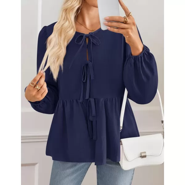 ZESICA Womens Tops Tie Front Long Puff Sleeve Button Peplum Babydoll Cute Shirts 2024 Fall Fashion BlousesNavy